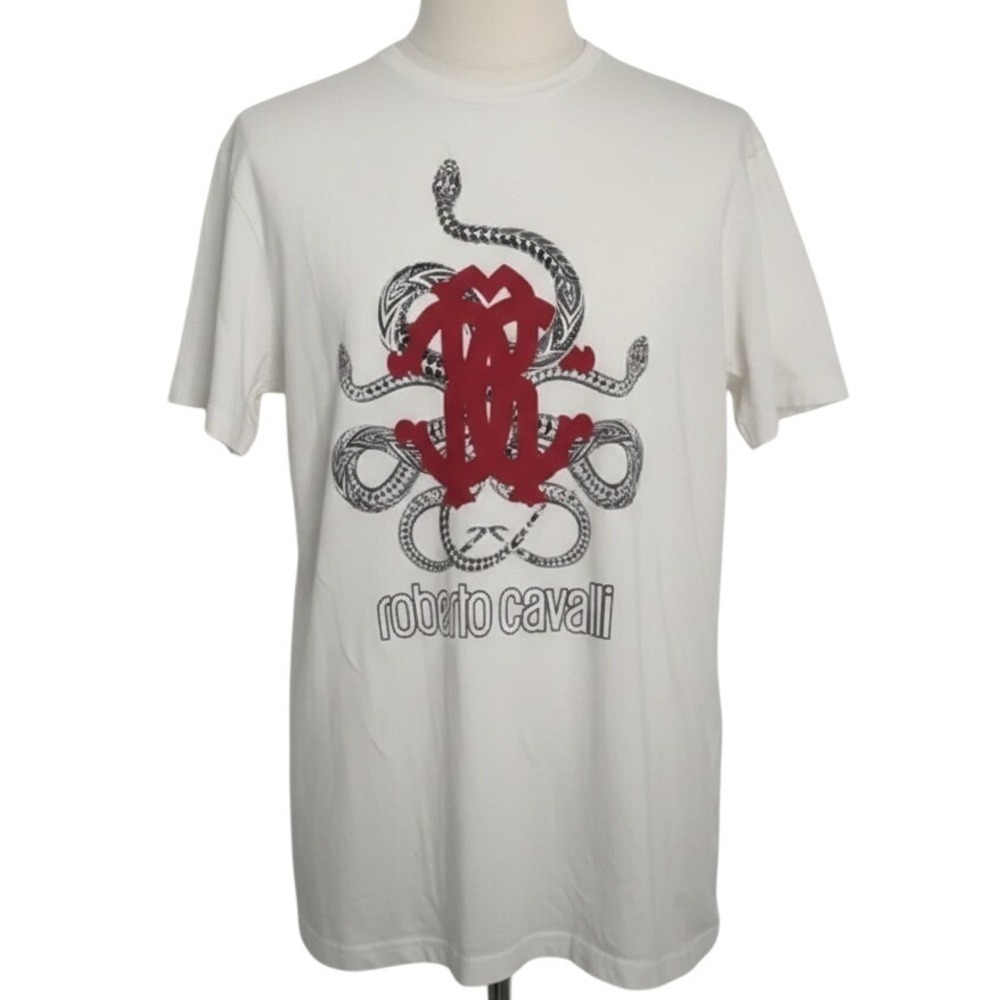 Roberto Cavalli T-Shirt Snake Monogram Graphic White Mens M